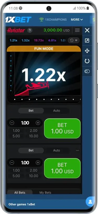Main interface with increasing multiplier in Aviator on 1xBet